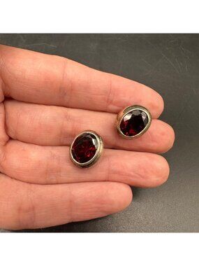 Vintage Sterling Silver Red Garnet Oval Stud Earrings Retro Jewelry Red Gemstone